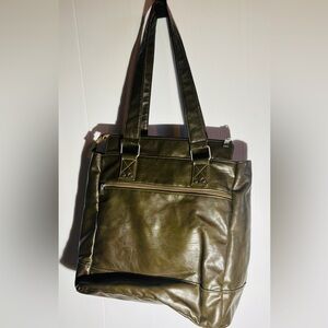 Dark Green Faux Leather Diaper Bag Large Baby Tote Multi Pocket Shoulder Bag